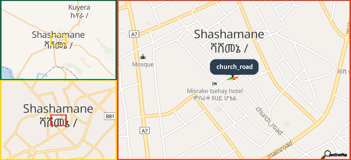 Map showing the address of church_road in three different zoom levels.