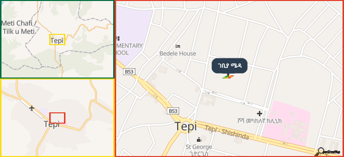 Map showing the address of ገቢያ ሜዳ in three different zoom levels.