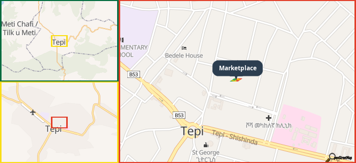 Map showing the address of Marketplace in three different zoom levels.