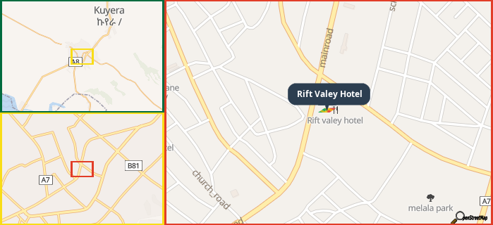 Map showing the address of Rift Valey Hotel in three different zoom levels.