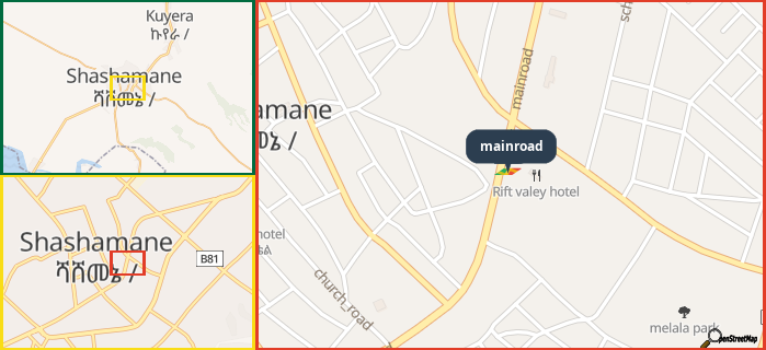 Map showing the address of mainroad in three different zoom levels.