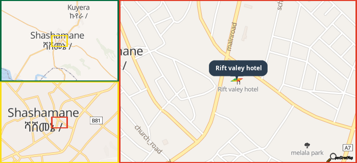 Map showing the address of Rift valey hotel in three different zoom levels.