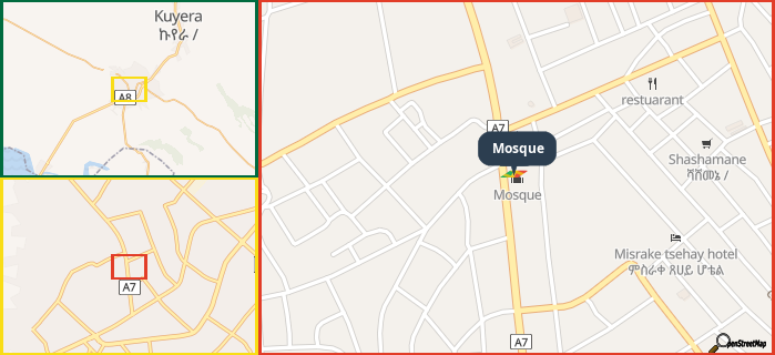 Map showing the address of Mosque in three different zoom levels.