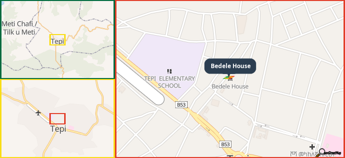 Map showing the address of Bedele House in three different zoom levels.