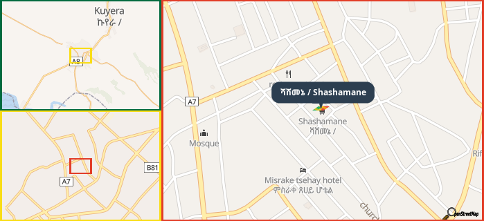 Map showing the address of ሻሸመኔ / Shashamane in three different zoom levels.