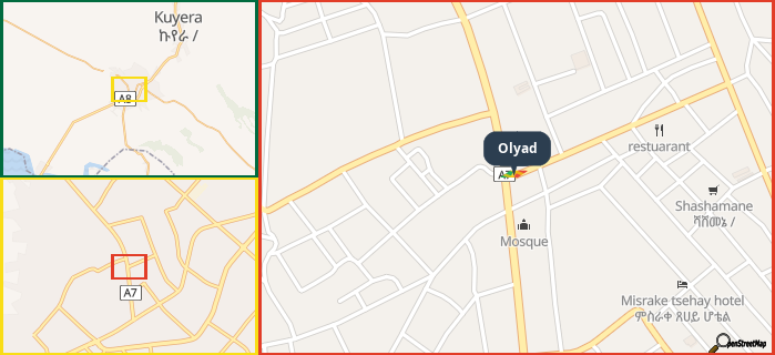 Map showing the address of Olyad in three different zoom levels.