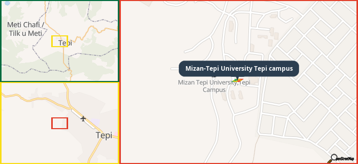 Map showing the address of Mizan-Tepi University Tepi campus in three different zoom levels.