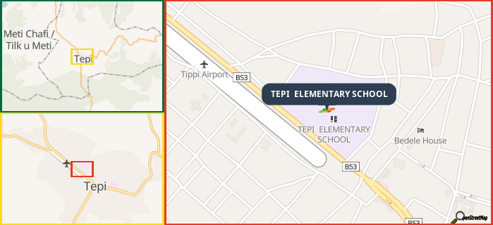 Map showing the address of TEPI  ELEMENTARY SCHOOL in three different zoom levels.