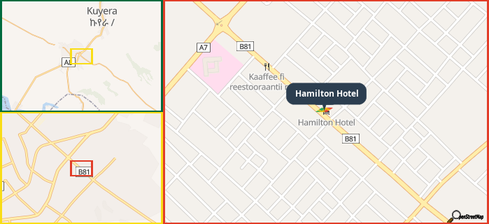 Map showing the address of Hamilton Hotel in three different zoom levels.