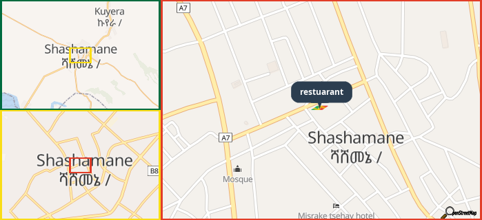 Map showing the address of restuarant in three different zoom levels.