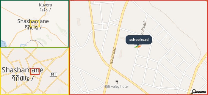 Map showing the address of schoolroad in three different zoom levels.