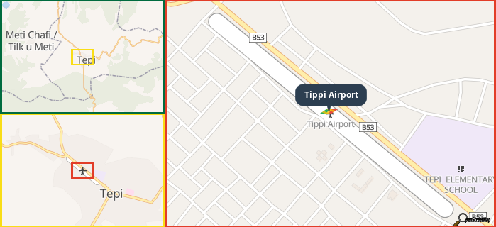 Map showing the address of Tippi Airport in three different zoom levels.