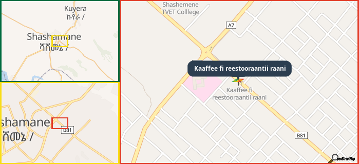 Map showing the address of Kaaffee fi reestooraantii raani in three different zoom levels.