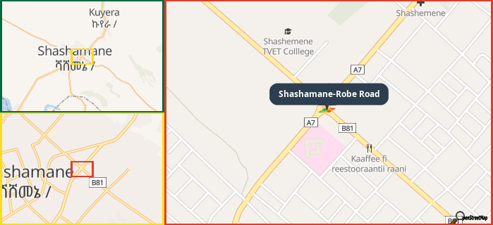 Map showing the address of Shashamane-Robe Road in three different zoom levels.