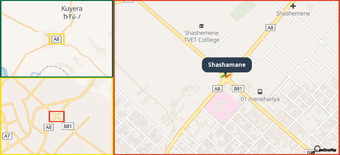 Map showing the address of Shashamane in three different zoom levels.