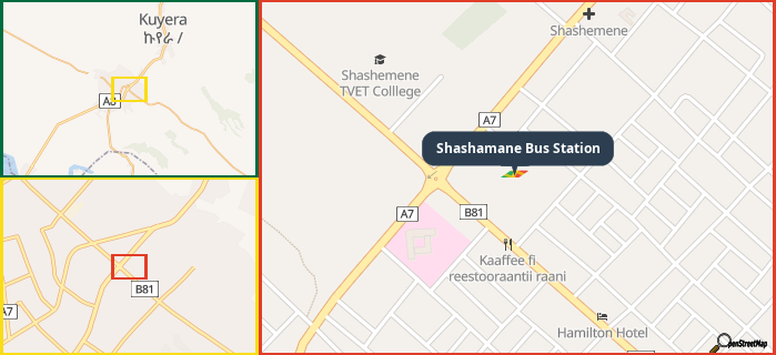 Map showing the address of Shashamane Bus Station in three different zoom levels.