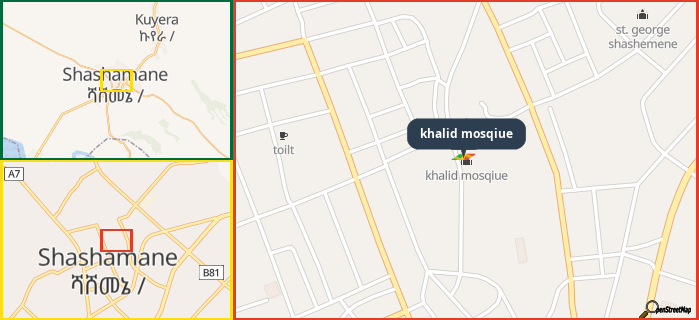 Map showing the address of khalid mosqiue in three different zoom levels.