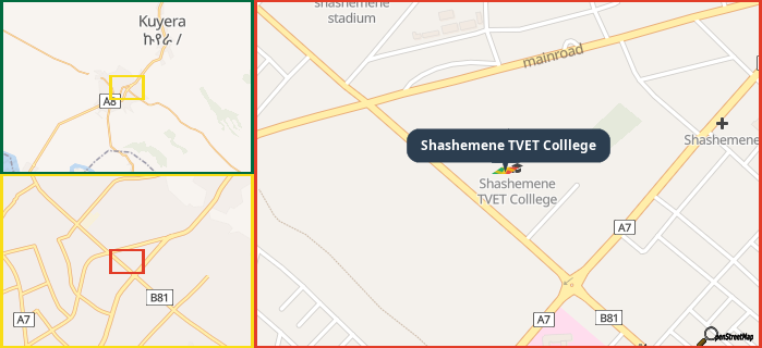 Map showing the address of Shashemene TVET Colllege in three different zoom levels.