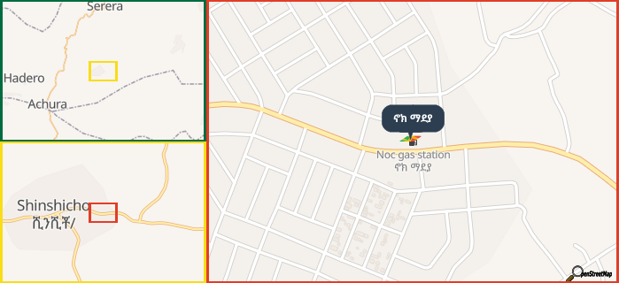 Map showing the address of ኖክ ማደያ in three different zoom levels.