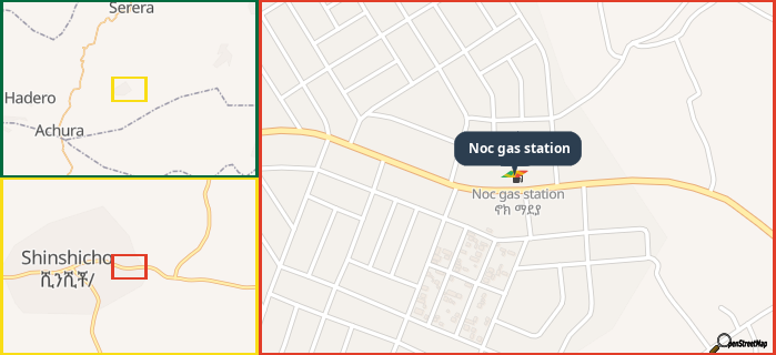Map showing the address of Noc gas station in three different zoom levels.