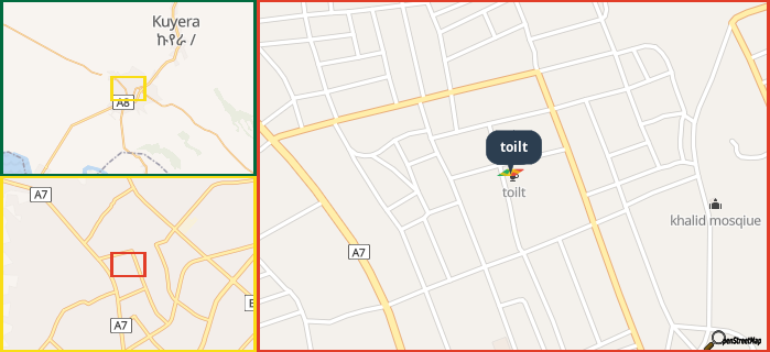 Map showing the address of toilt in three different zoom levels.