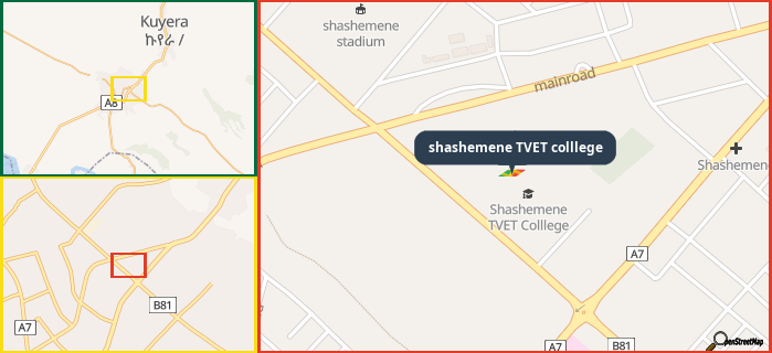 Map showing the address of shashemene TVET colllege in three different zoom levels.