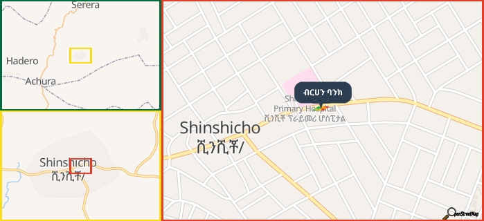 Map showing the address of ብርሀን ባንክ in three different zoom levels.