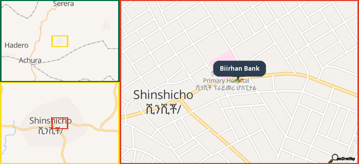 Map showing the address of Biirhan Bank in three different zoom levels.