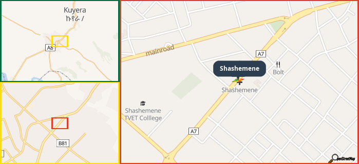 Map showing the address of Shashemene in three different zoom levels.