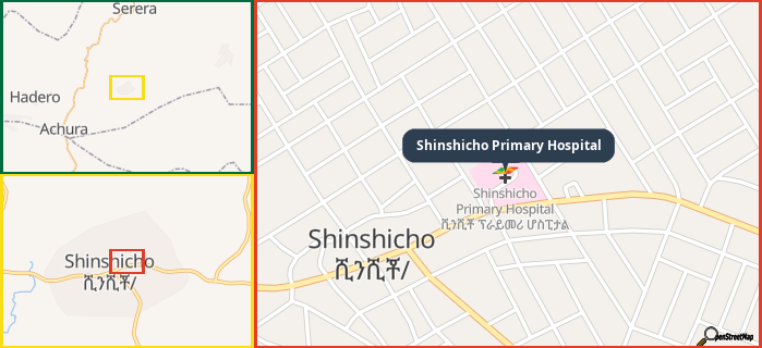 Map showing the address of Shinshicho Primary Hospital in three different zoom levels.
