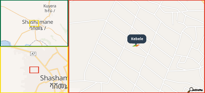 Map showing the address of Kebele in three different zoom levels.