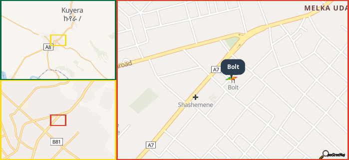 Map showing the address of Bolt in three different zoom levels.