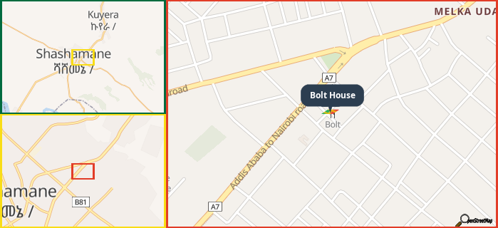 Map showing the address of Bolt House in three different zoom levels.