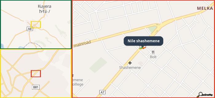 Map showing the address of Nile shashemene in three different zoom levels.
