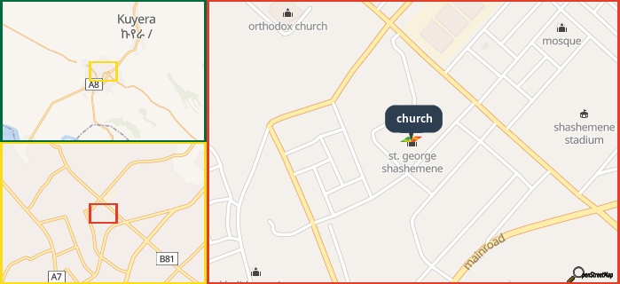 Map showing the address of church in three different zoom levels.