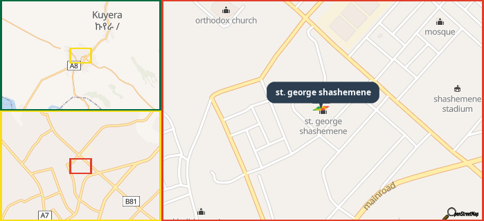 Map showing the address of st. george shashemene in three different zoom levels.