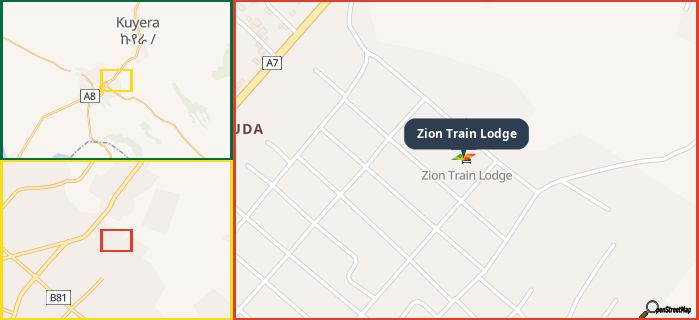 Map showing the address of Zion Train Lodge in three different zoom levels.