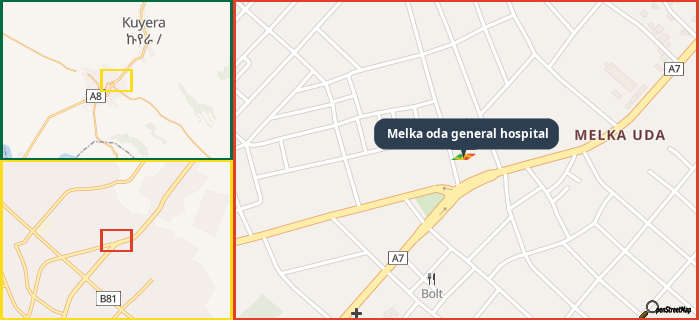Map showing the address of Melka oda general hospital in three different zoom levels.