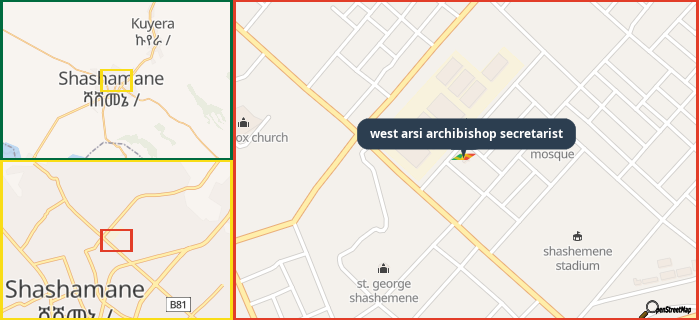 Map showing the address of west arsi archibishop secretarist in three different zoom levels.