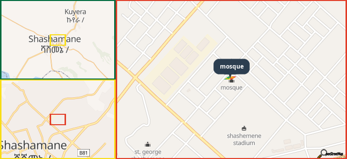 Map showing the address of mosque in three different zoom levels.