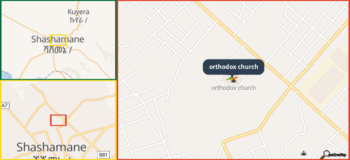 Map showing the address of orthodox church in three different zoom levels.