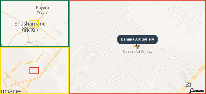 Map showing the address of Banana Art Gallery in three different zoom levels.