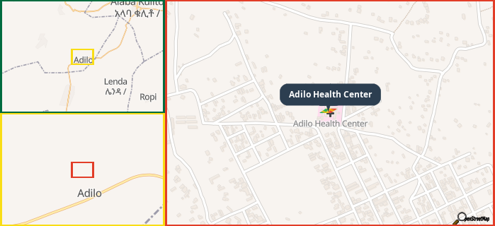 Map showing the address of Adilo Health Center in three different zoom levels.