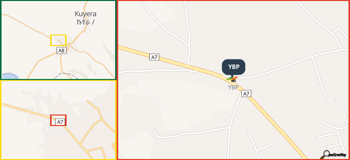 Map showing the address of YBP in three different zoom levels.