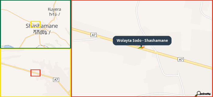 Map showing the address of Wolayta Sodo - Shashamane in three different zoom levels.