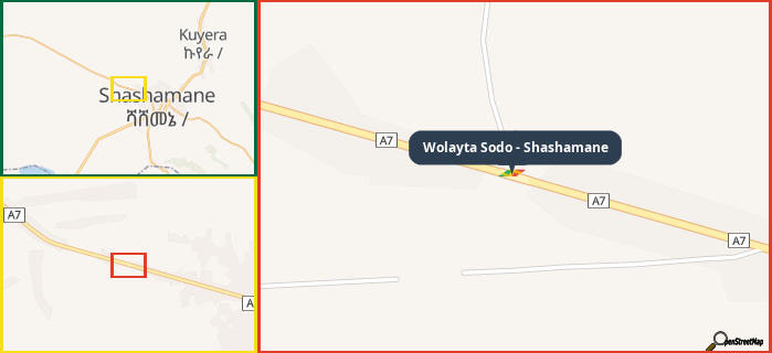 Map showing the address of Wolayta Sodo - Shashamane in three different zoom levels.