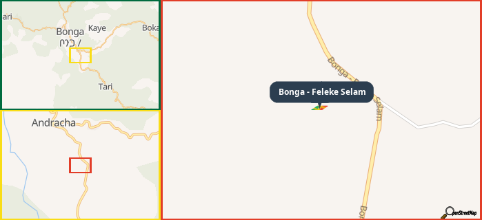 Map showing the address of Bonga - Feleke Selam in three different zoom levels.