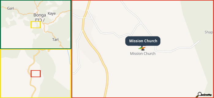 Map showing the address of Mission Church in three different zoom levels.