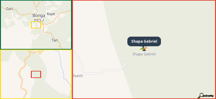 Map showing the address of Shapa Gebriel in three different zoom levels.