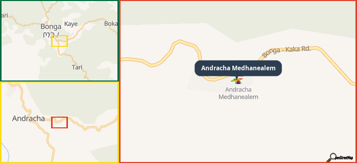 Map showing the address of Andracha Medhanealem in three different zoom levels.